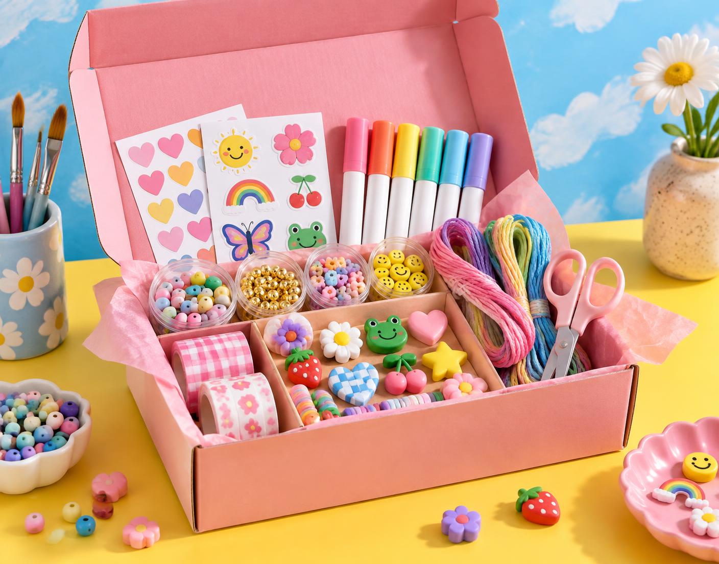 A colourful craft kit filled with beads, pens, stickers and thread